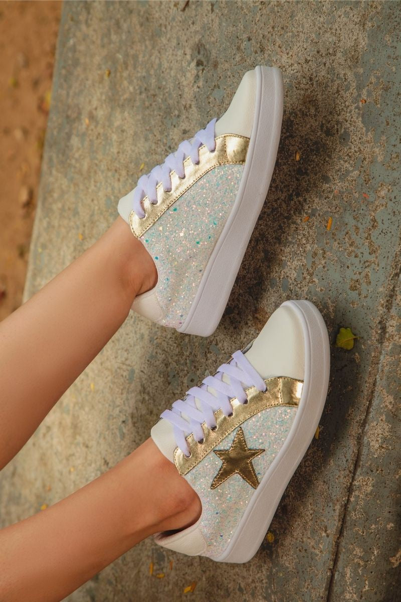 WHITE GLITTER GOLD STAR SNEAKERS