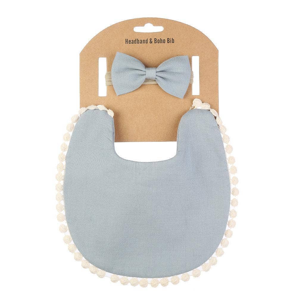 POM BIB & BOW SET - BLUE GREY