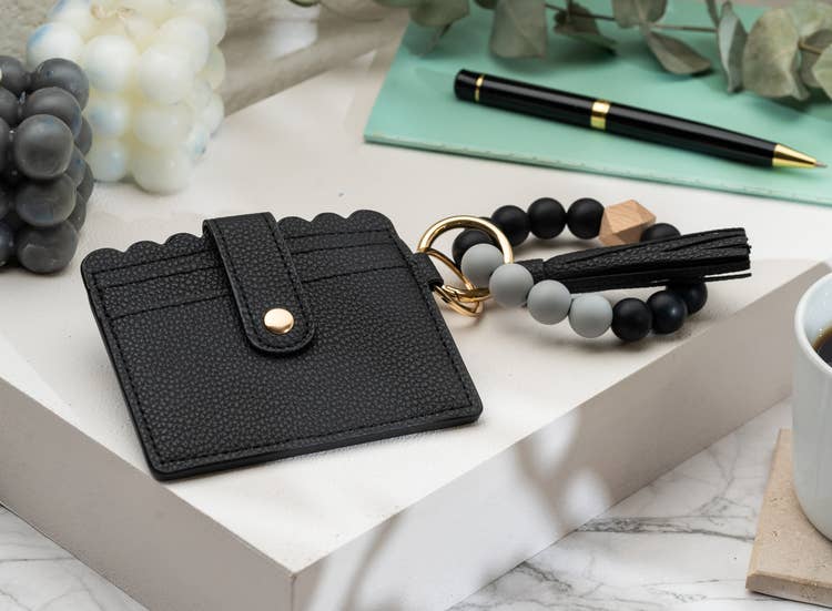 LEATHER KEYCHAIN WALLET WRISTLET - BLACK
