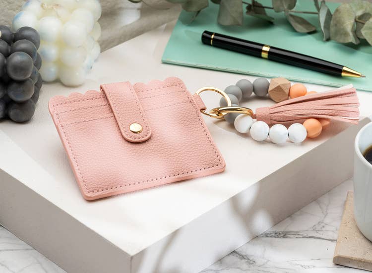 LEATHER KEYCHAIN WALLET WRISTLET - ROSE GOLD