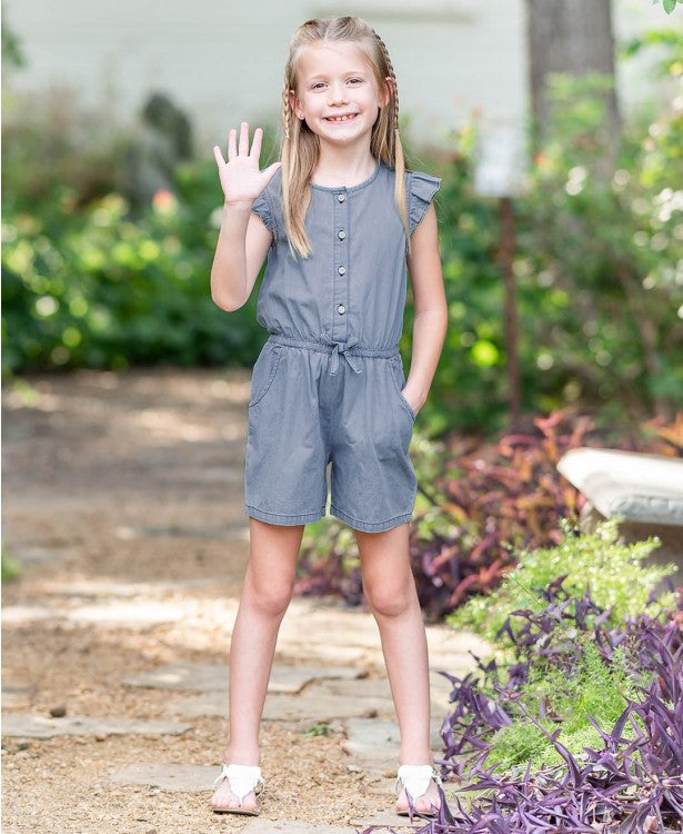 LIGHT WASH DENIM FLUTTER ROMPER