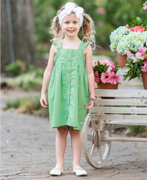 DUSTY JADE SLUB FLUTTER BUTTON FRONT DRESS