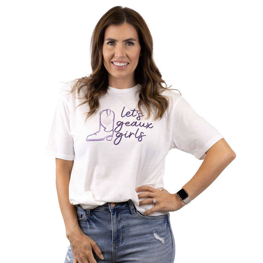 LET'S GEAUX GIRLS GLITTERY PRINT CREW T-SHIRT