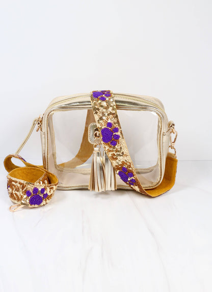 GOLD SEQUIN WITH PURPLE BEADED PAW CROSSBODY PURSE STRAP