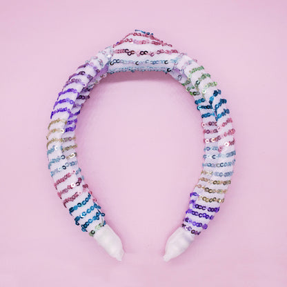 Rainbow Confetti Sequin Knot Headband: White