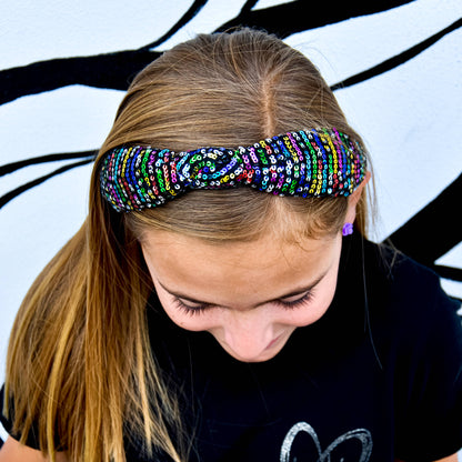 Rainbow Confetti Sequin Knot Headband: Black