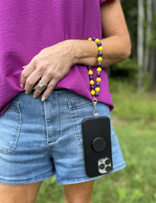 PURPLE & YELLOW WOODEN BEAD PHONE WRISTLET