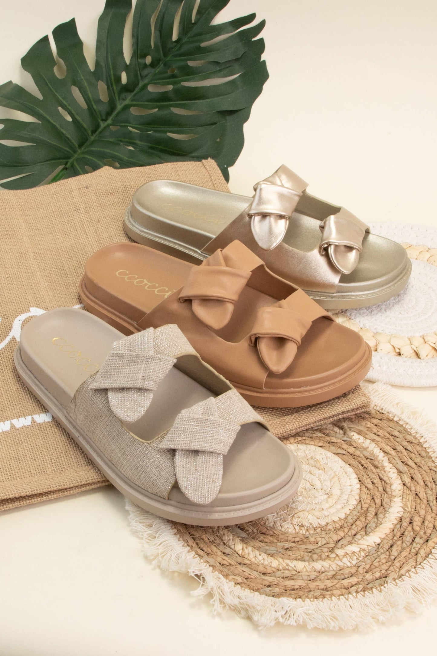 BILLIE KNOTTED SLIP-ON SANDAL: CAMEL