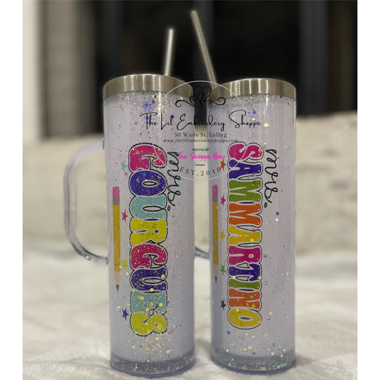 SUBLIMATED GLITTER GLOBE TUMBLER WITH HANDLE