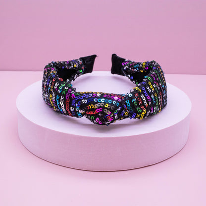 Rainbow Confetti Sequin Knot Headband: Black