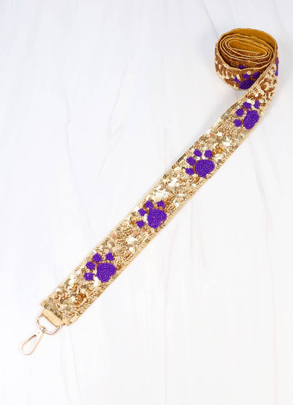 GOLD SEQUIN WITH PURPLE BEADED PAW CROSSBODY PURSE STRAP