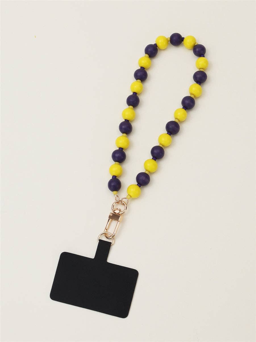 PURPLE & YELLOW WOODEN BEAD PHONE WRISTLET