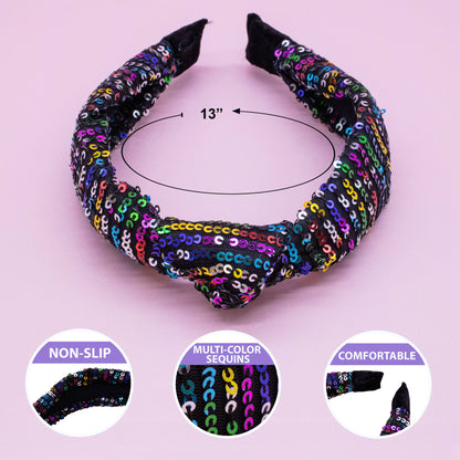 Rainbow Confetti Sequin Knot Headband: Black