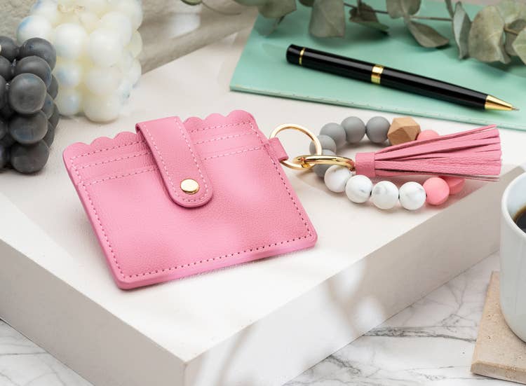 LEATHER KEYCHAIN WALLET WRISTLET - PINK