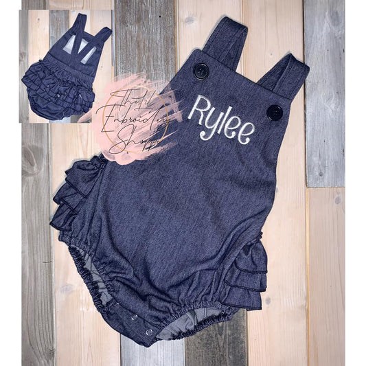 FAUX DENIM RUFFLE BUTT ROMPER