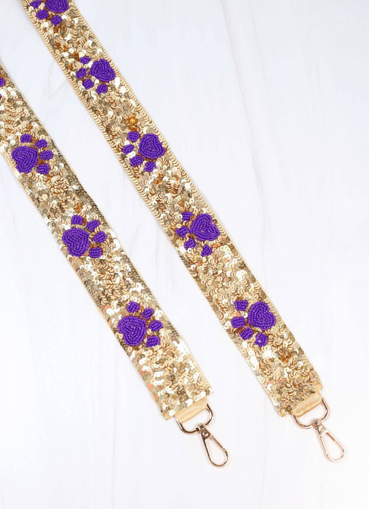 GOLD SEQUIN WITH PURPLE BEADED PAW CROSSBODY PURSE STRAP