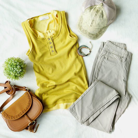 RIBBED HENLEY TANK - GOLDEN WASABI