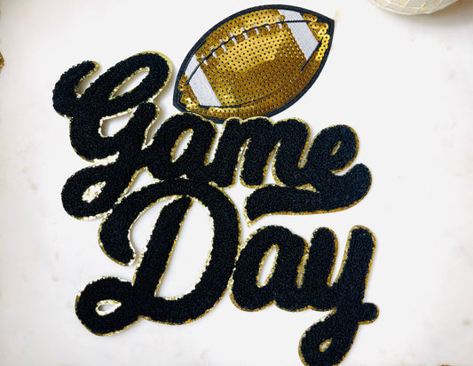 GAME DAY FOOTBALL CHENILLE/SEQUIN PATCH - BLACK