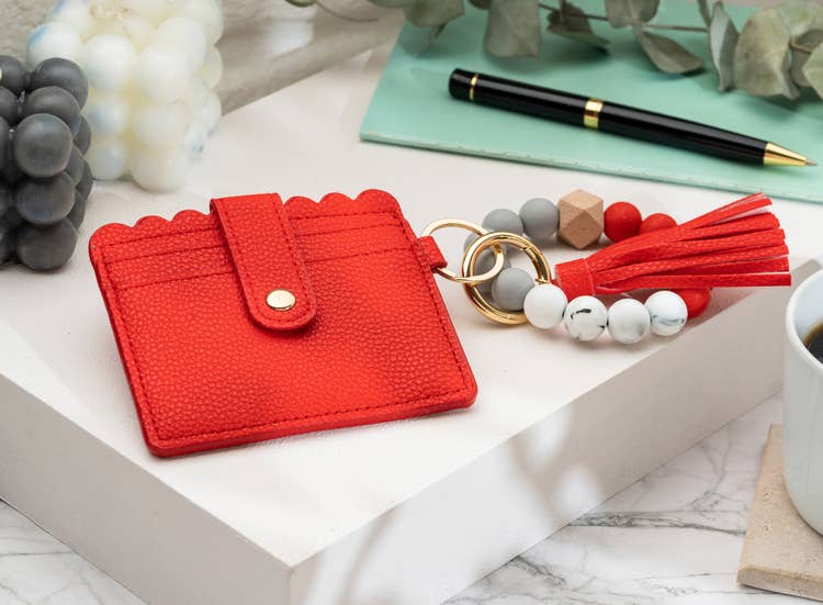 LEATHER KEYCHAIN WALLET WRISTLET - RED