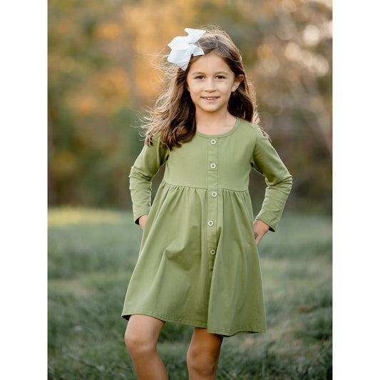 KNIT BUTTON TWIRL DRESS - OLIVE