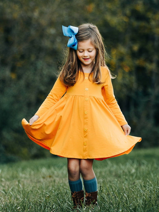 KNIT BUTTON TWIRL DRESS - BUTTERSCOTCH